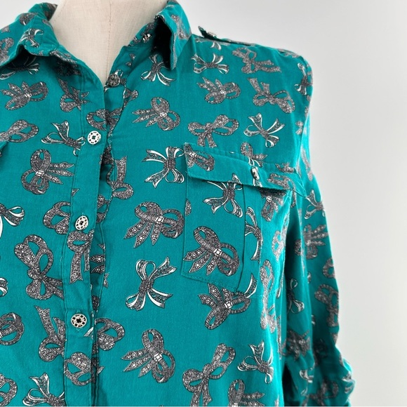 Jaclyn Smith womens top size XL teal floral 100% cotton button down - Picture 2 of 14